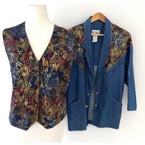 Vintage 90s City Girl Vest and Jacket Women's 6 Blue Chambray Floral Tapestry